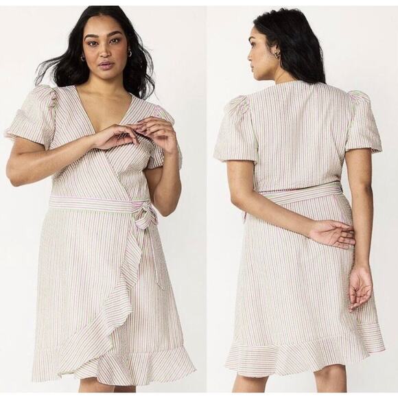 Draper James RSVP Size XXL Seersucker Green Pink Striped Wrap Dress Puff Sleeve - Picture 1 of 7